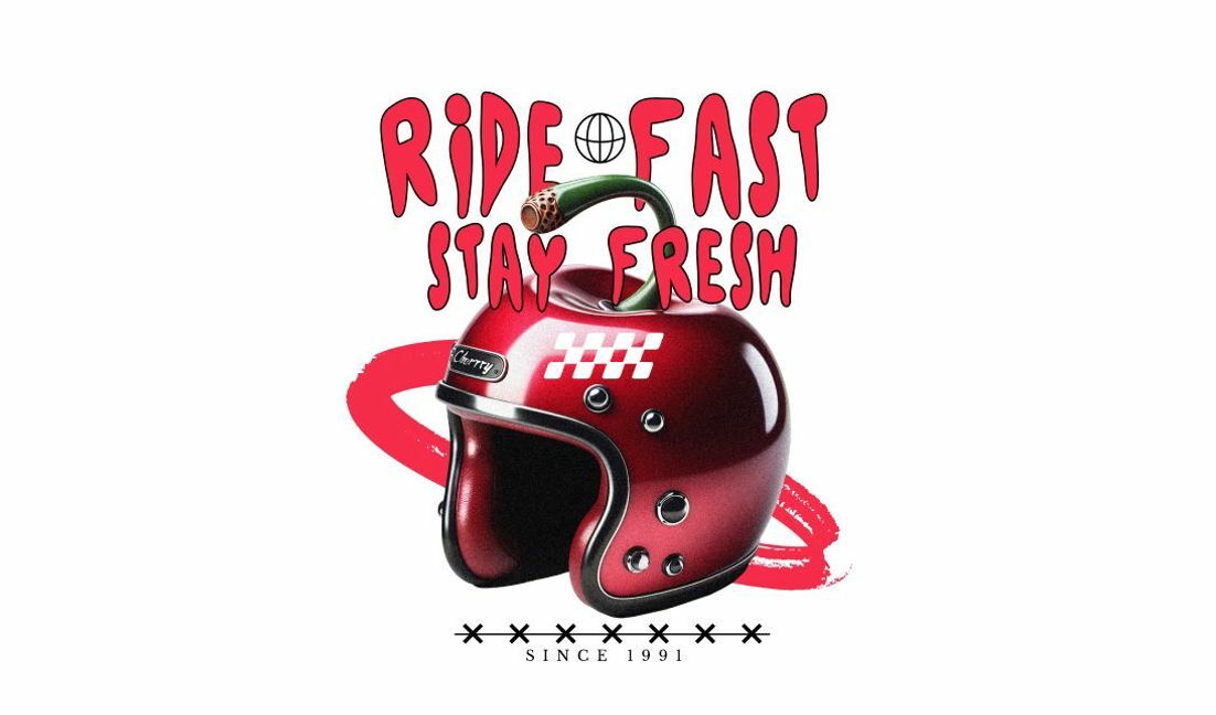 Plantilla de diseño para camiseta Diseño de casco divertido con motivo de cereza y citas motivacionales.