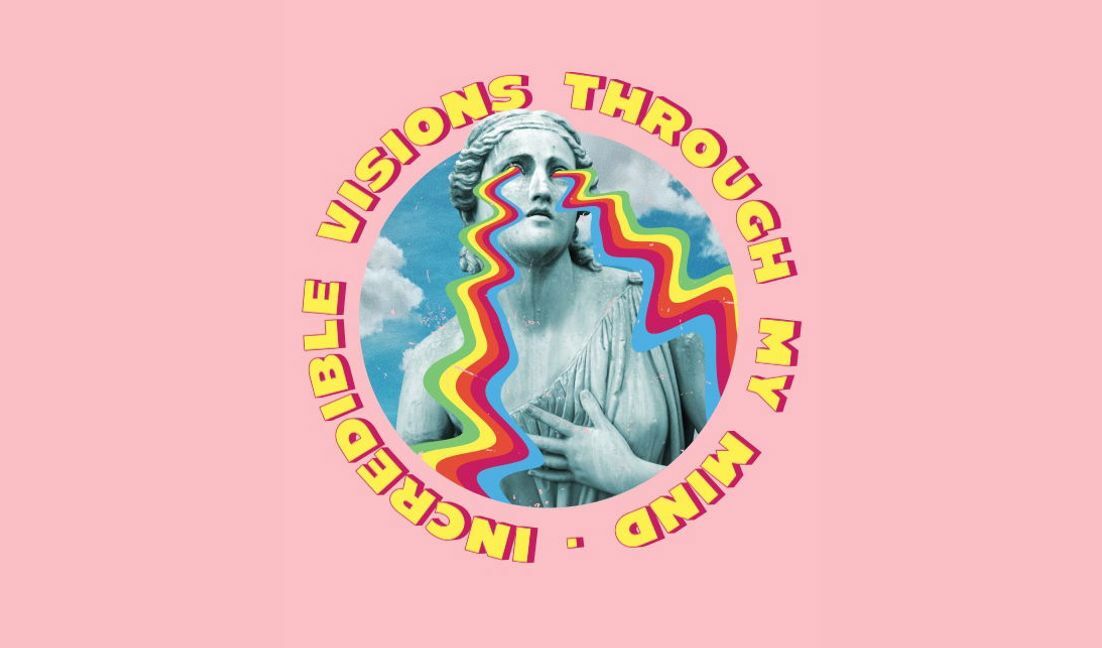 Plantilla de diseño para camiseta Diseño creativo de estatua con vibrantes ondas de arcoíris.