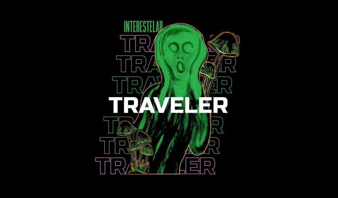 Plantilla de diseño para camiseta Diseño único de viajero con figura fantasmal y hongos.