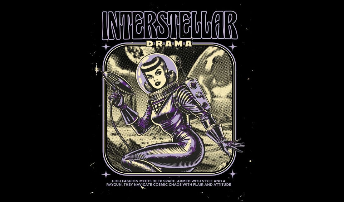 Plantilla de diseño para camiseta Ilustración de un drama de moda interestelar