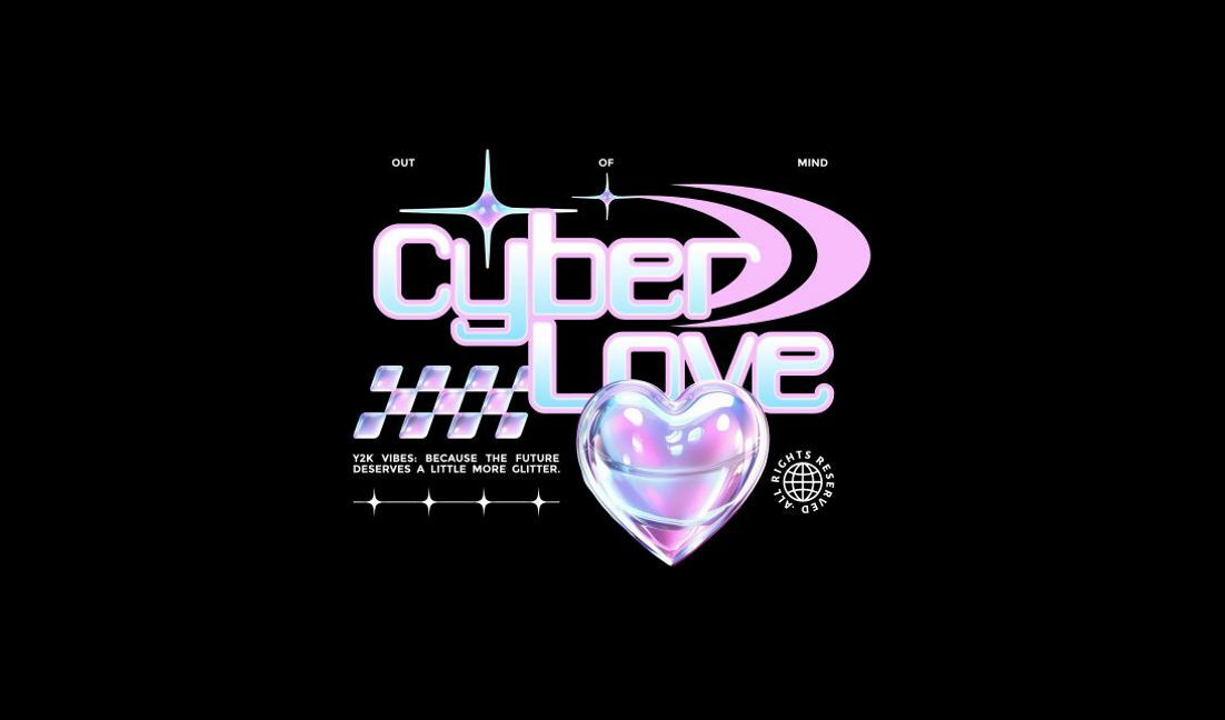 Trendy cyber love design with retro futurism t-shirt design template