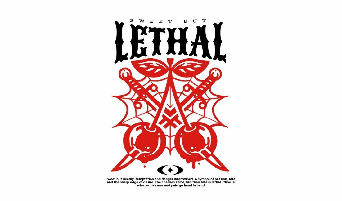 Plantilla de diseño para camiseta Diseño gráfico atrevido, dulce pero letal con cerezas y espadas.