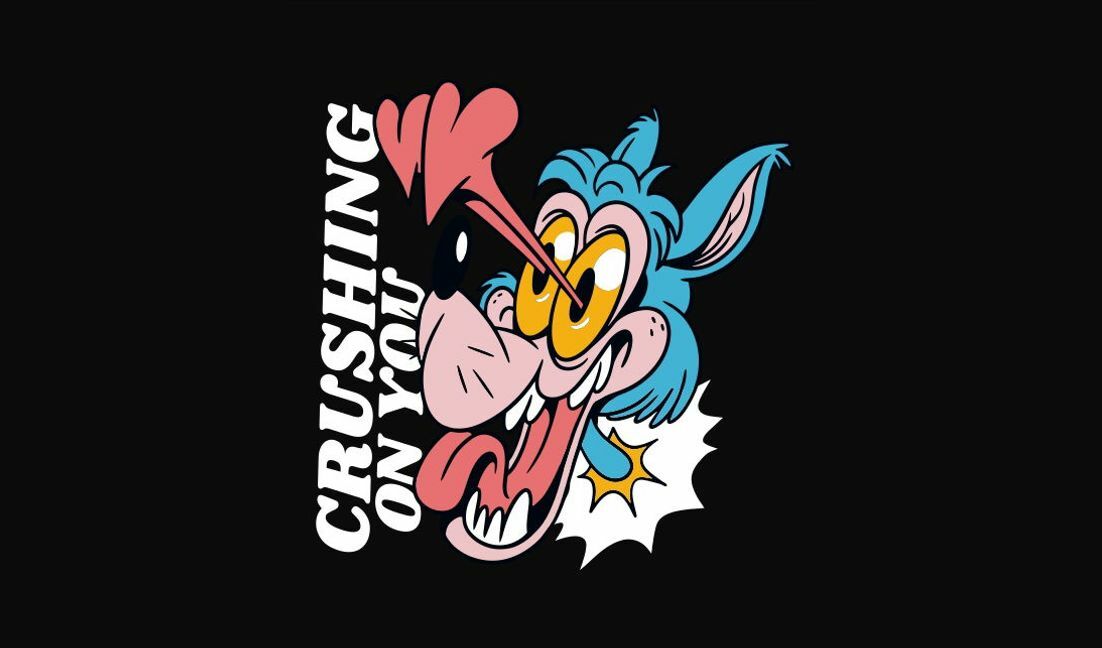 Playful cartoon wolf graphic with romantic quote t-shirt design template