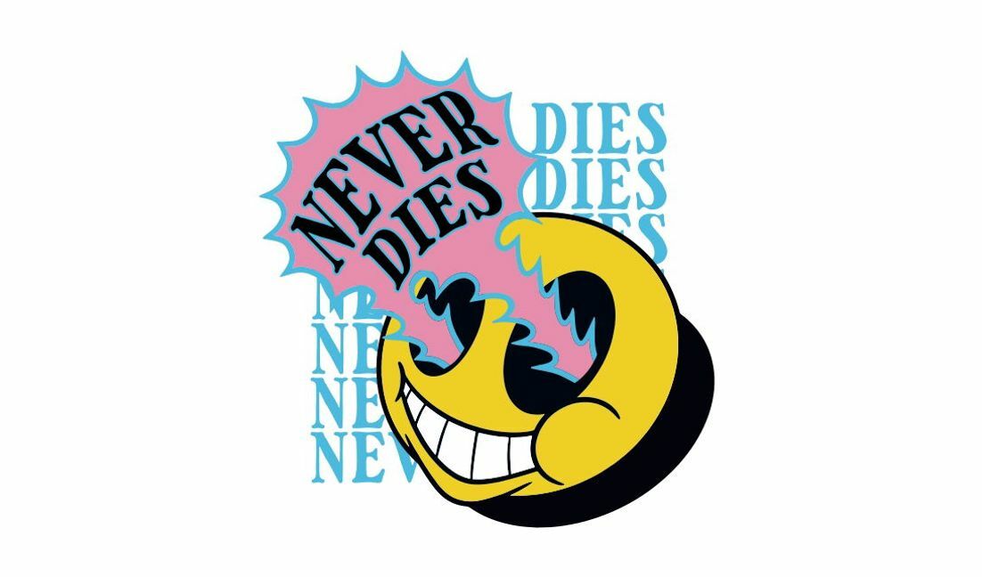 Plantilla de diseño para camiseta Gráfico de cara sonriente divertida con el lema "nunca muere"