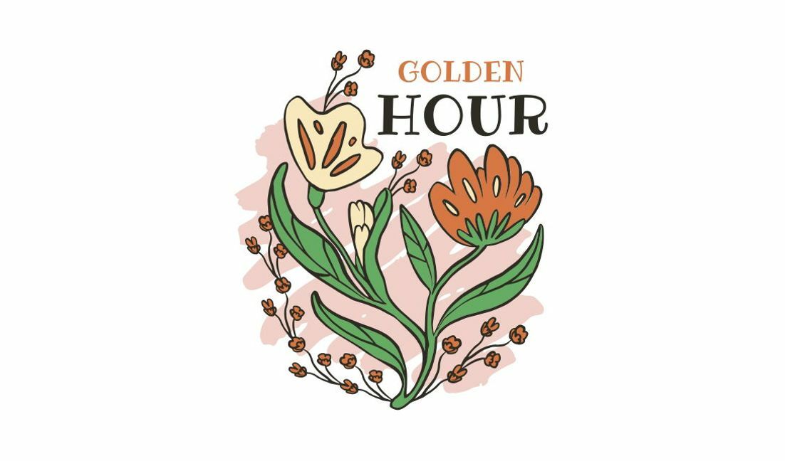 Plantilla de diseño para camiseta Diseño floral caprichoso con cita de la hora dorada.