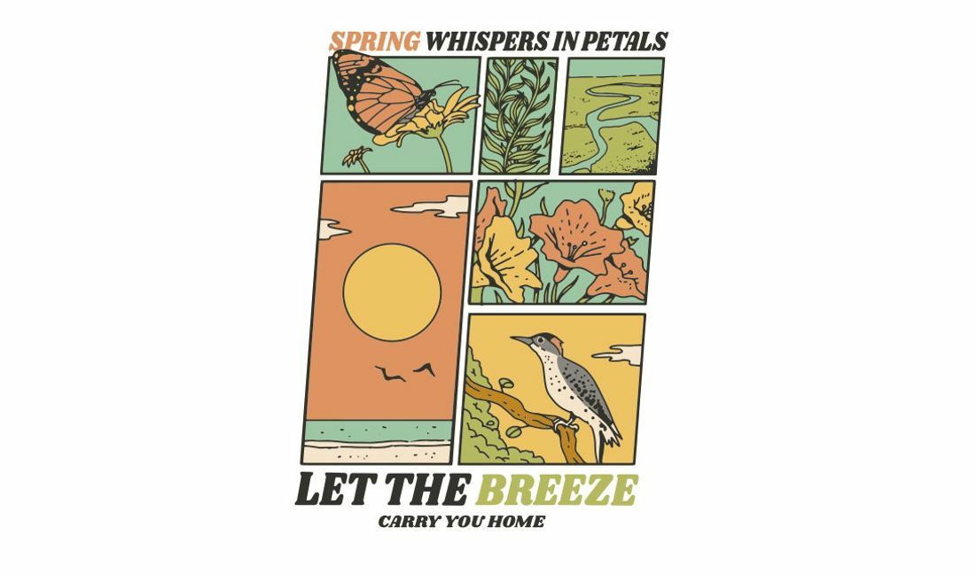 Modelo de design para camiseta Ilustração da natureza da primavera com borboleta e citações