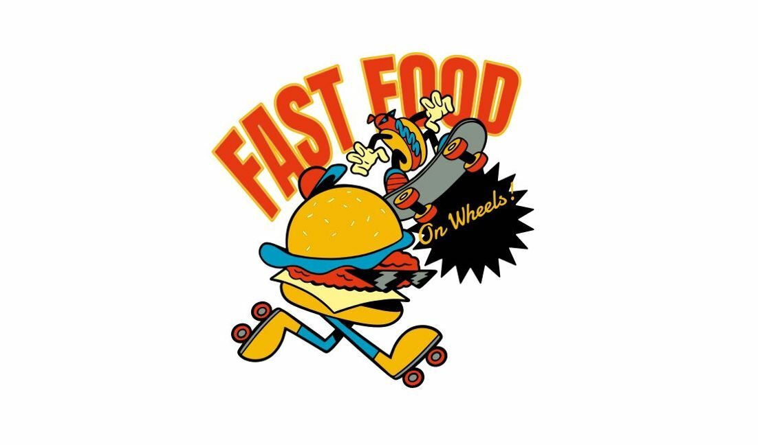 Playful fast food character design on wheels t-shirt design template