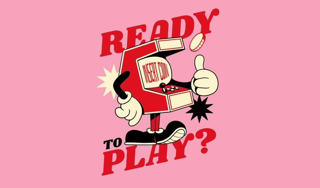 Modelo de design para camiseta Design de jogo de arcade lúdico com detalhes de moedas retrô