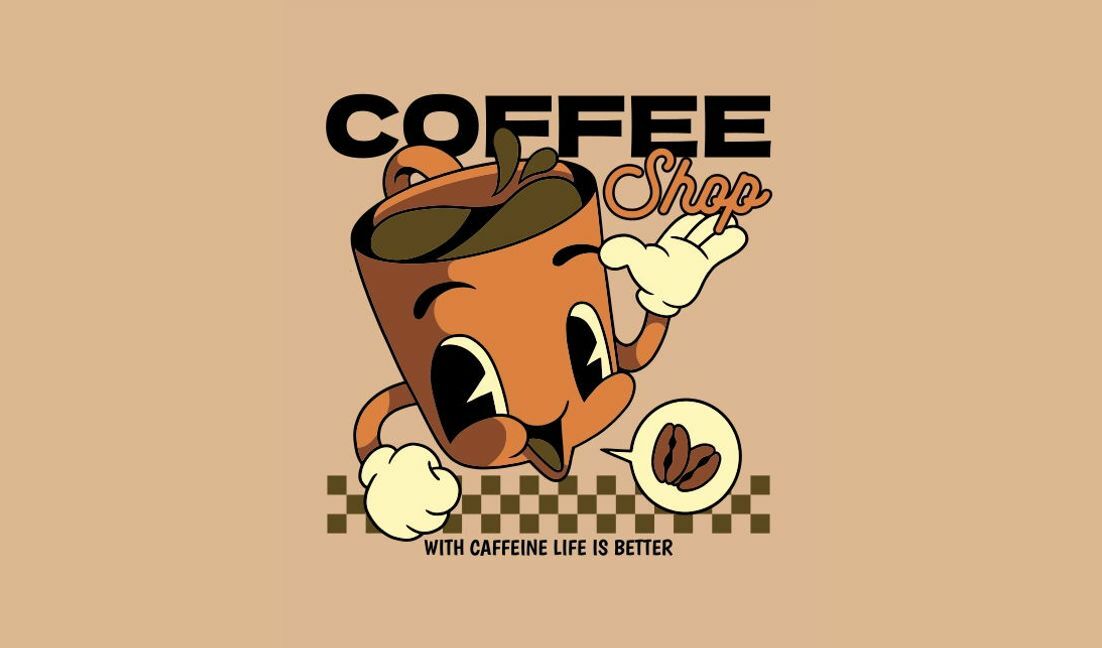 Plantilla de diseño para camiseta Diseño de cafetería lúdico con un alegre personaje de taza.