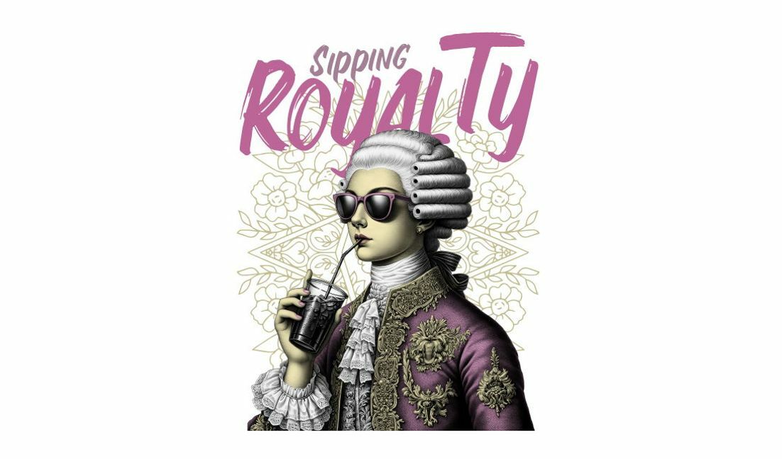 Playful royal figure sipping a drink design t-shirt design template