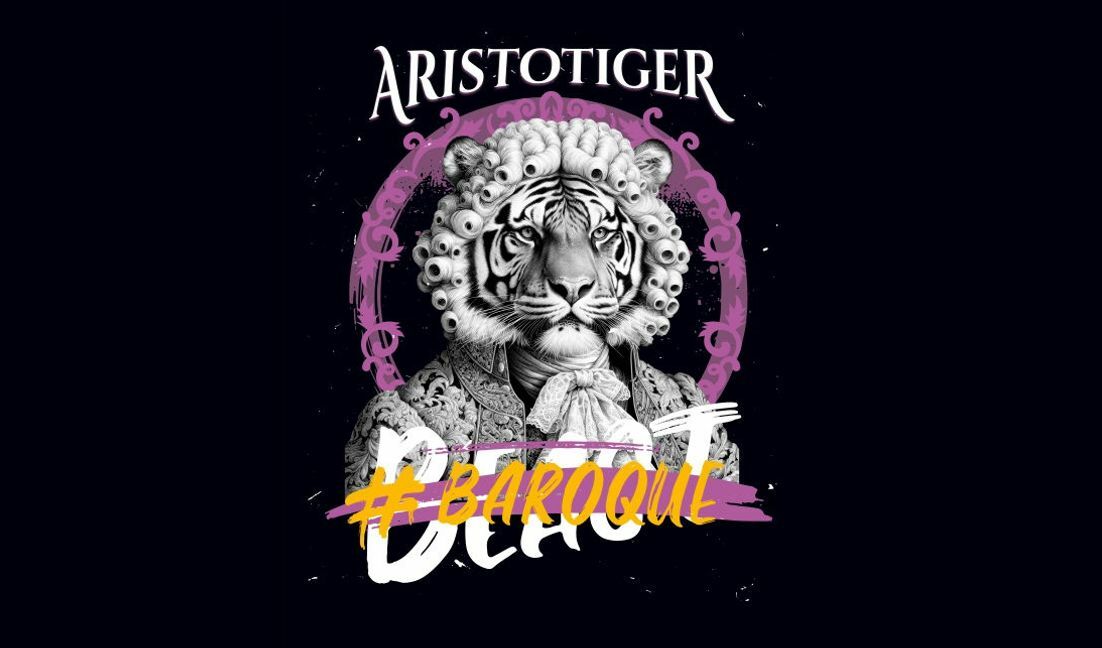 Plantilla de diseño para camiseta Ilustración única de tigre barroco con texto elegante.