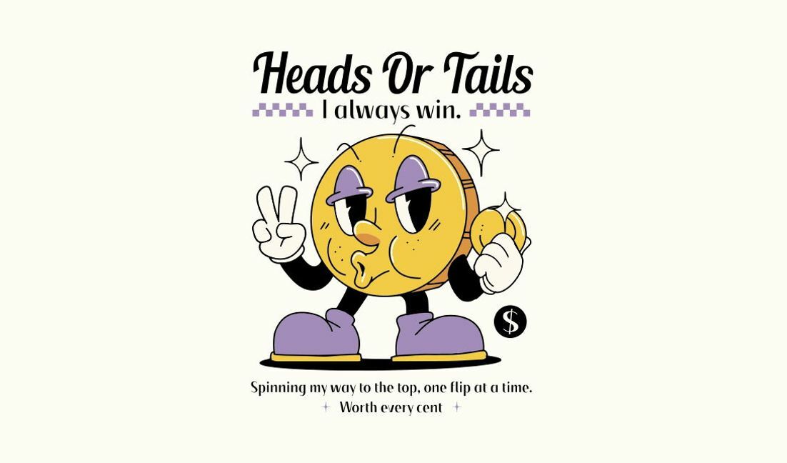 Playful coin character design with winning quote t-shirt design template