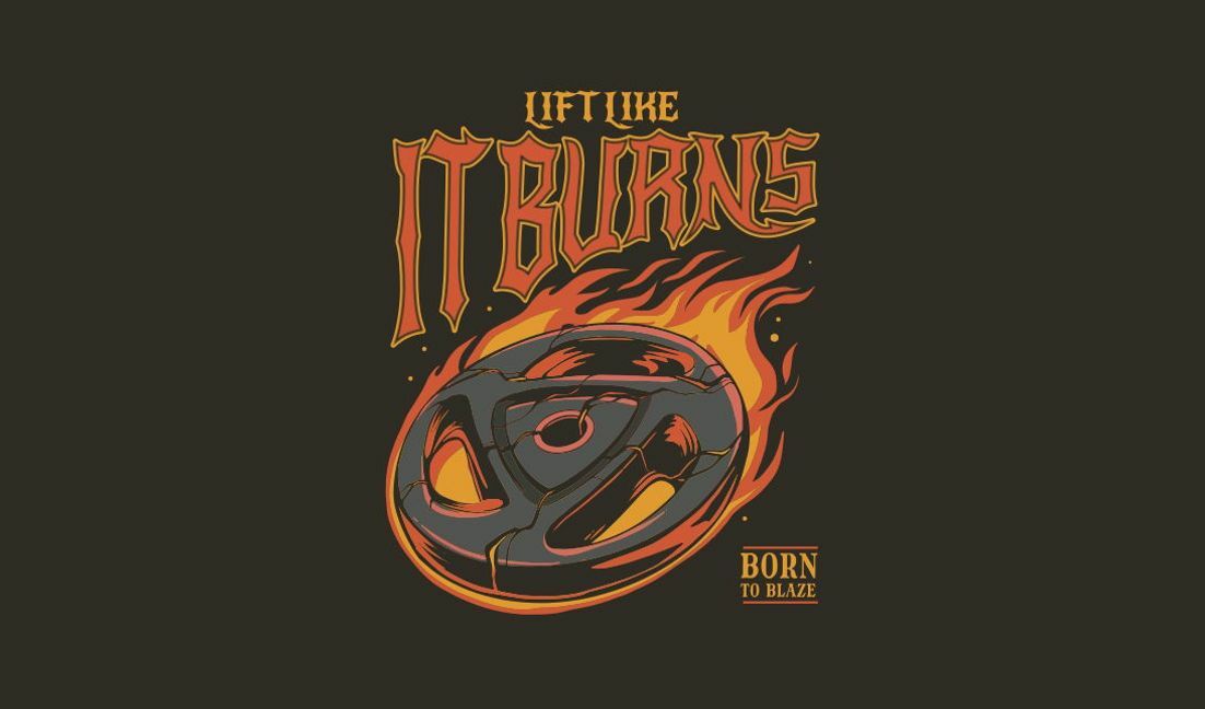 Modelo de design para camiseta Design de citação motivacional de academia com elementos de chamas