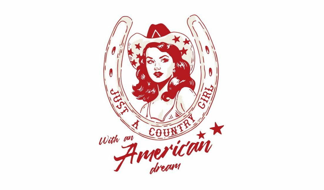Modelo de design para camiseta Design gráfico vintage de garota country com tema do sonho americano
