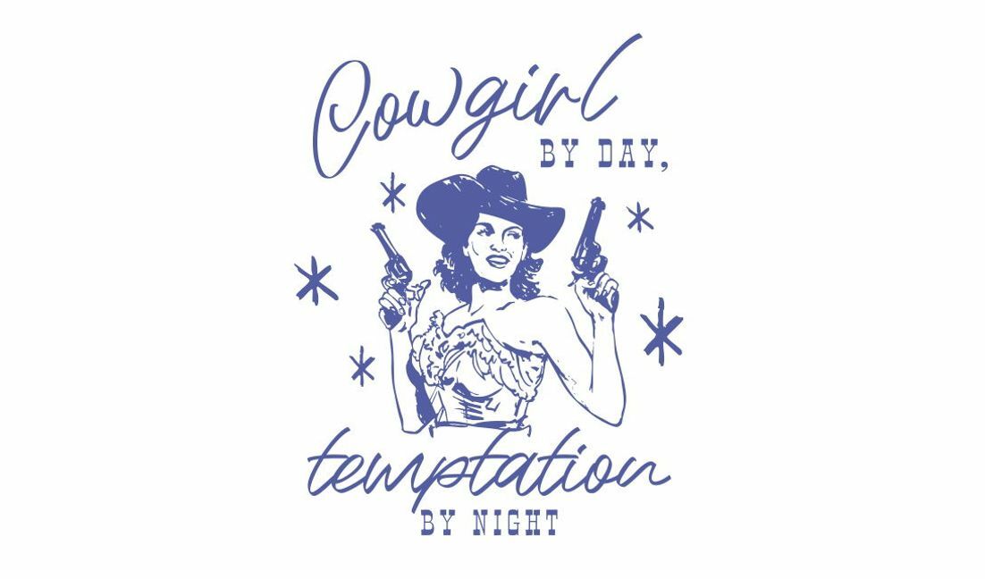 Plantilla de diseño para camiseta Diseño gráfico de vaquera juguetona con estilo vintage.