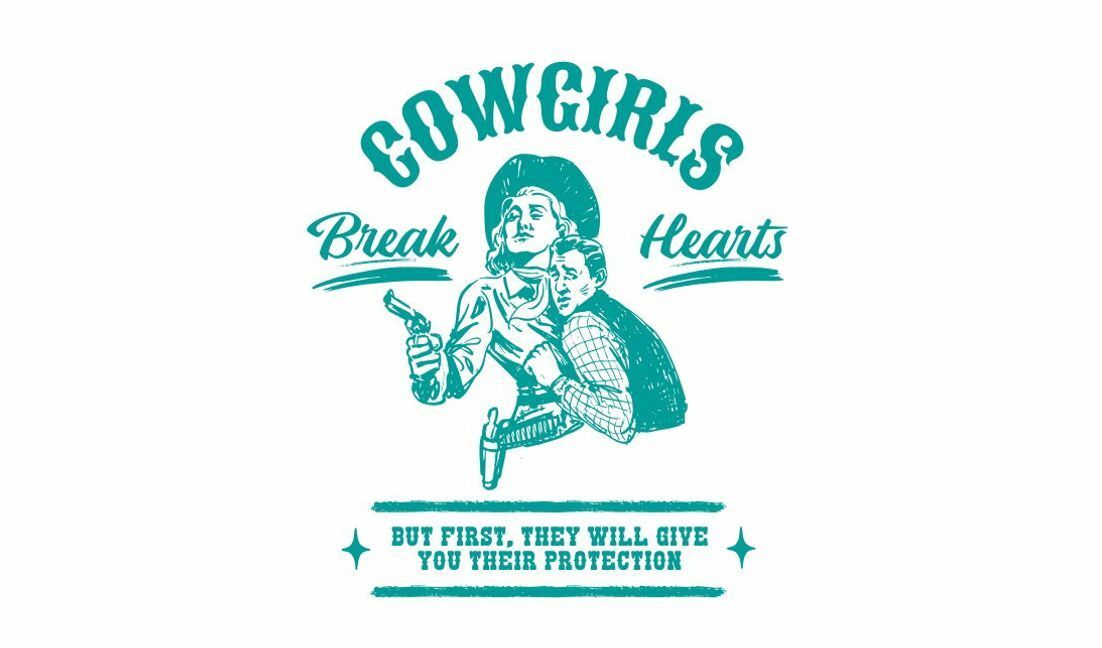 Modelo de design para camiseta Design gráfico de cowgirl e coração partido