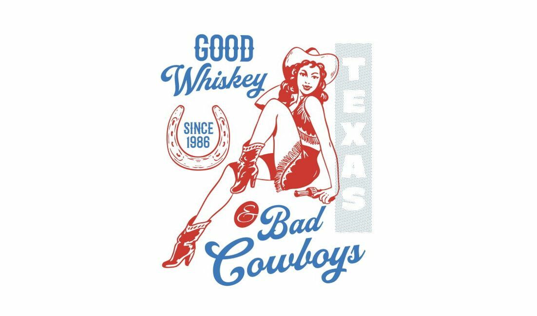 Modelo de design para camiseta Uísque vintage do Texas e design de pin-up de cowboy