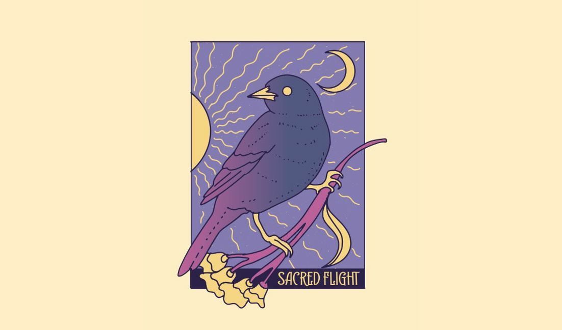 Plantilla de diseño para camiseta Ilustración de pájaro estilizado con temática de vuelo sagrado.