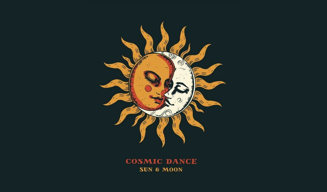 Modelo de design para camiseta Ilustração de sol e lua de dança cósmica