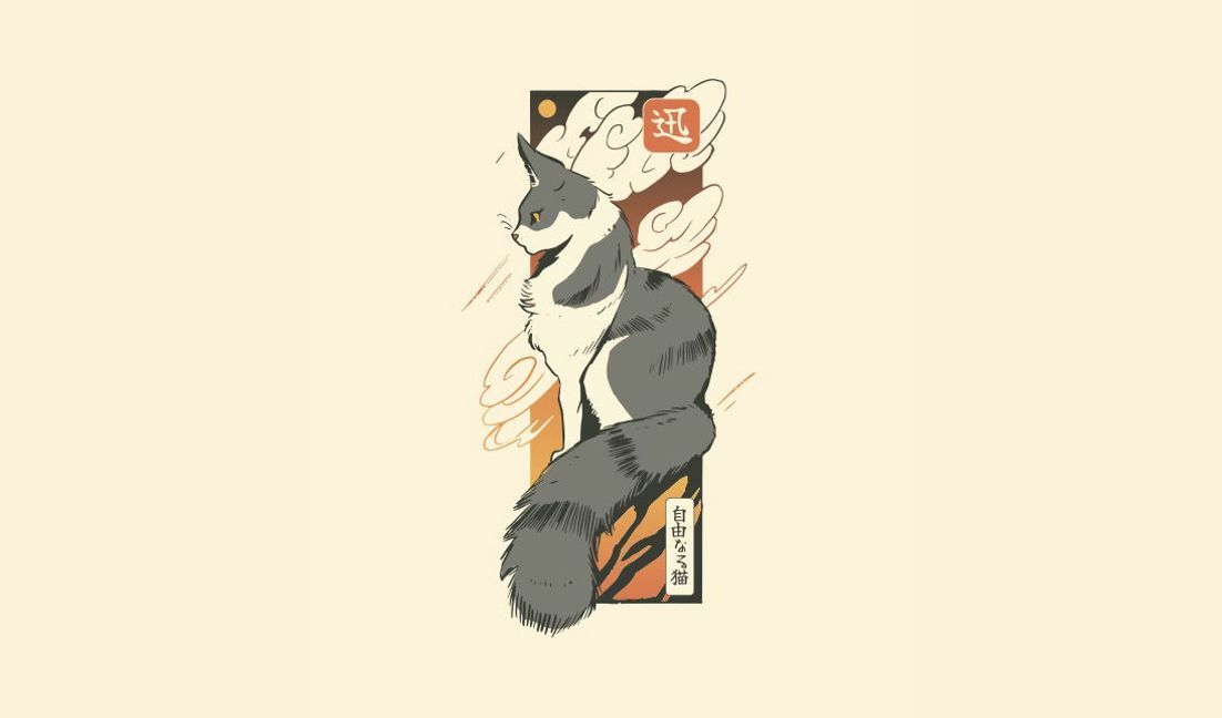 Plantilla de diseño para camiseta Ilustración elegante de gato con elementos japoneses.