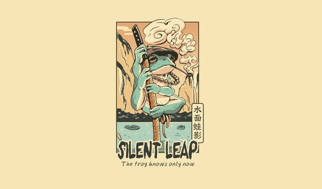 Plantilla de diseño para camiseta Ilustración única de rana con cita de salto silencioso