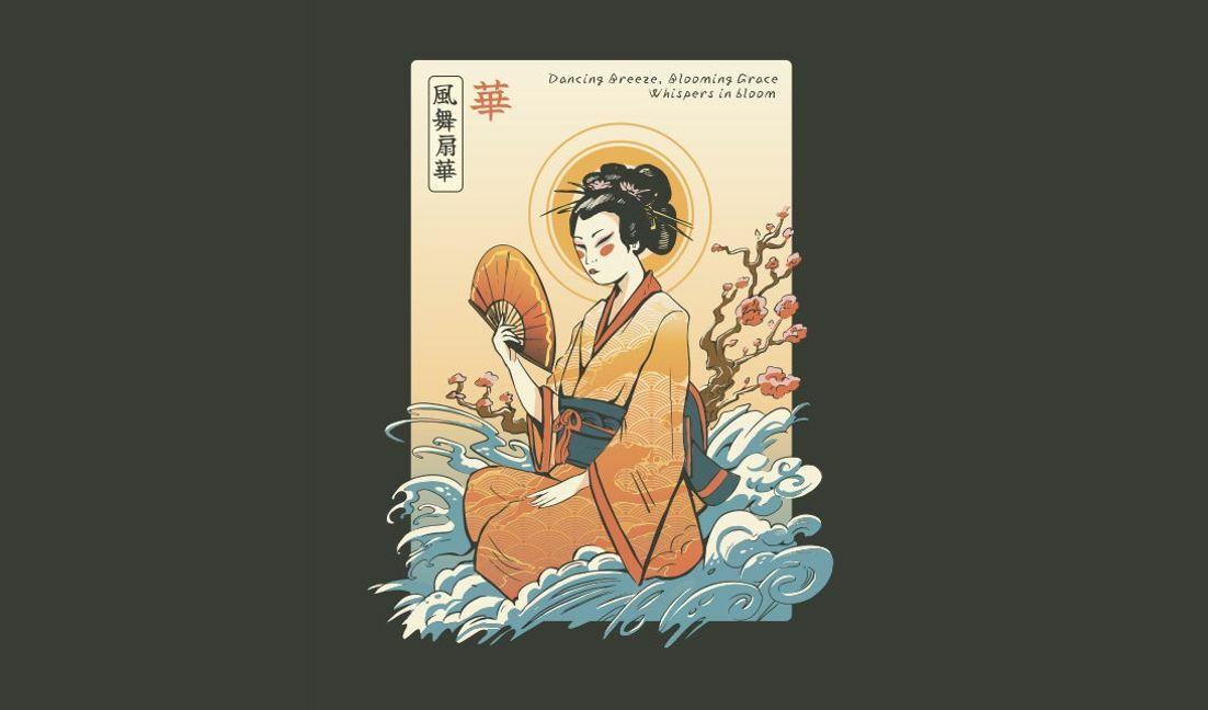 Elegant japanese woman illustration with fan t-shirt design template