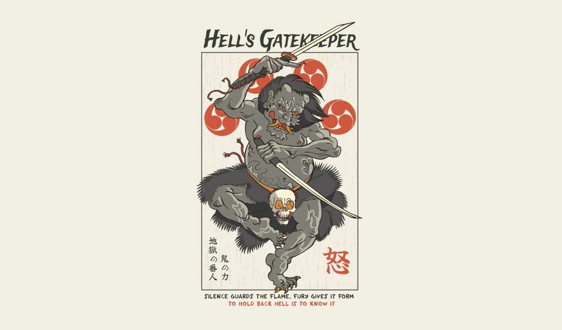 Dramatic hell's gatekeeper illustration t-shirt design template