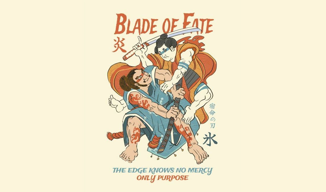 Plantilla de diseño para camiseta Diseño dinámico de batalla samurái con la espada del destino.