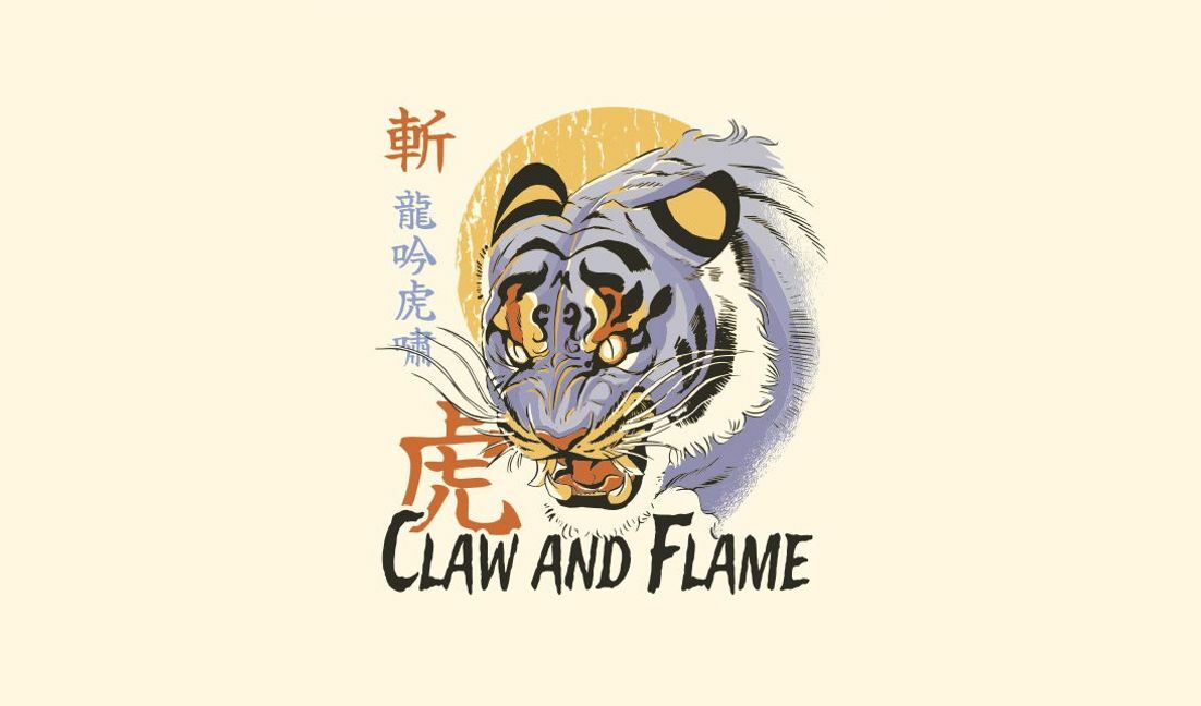 Plantilla de diseño para camiseta Ilustración de un tigre feroz con motivo de garra y llama