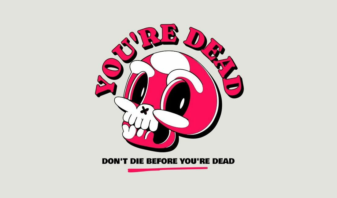 Verspieltes Totenkopf-Grafikdesign mit Spruch T-Shirt-Designvorlage