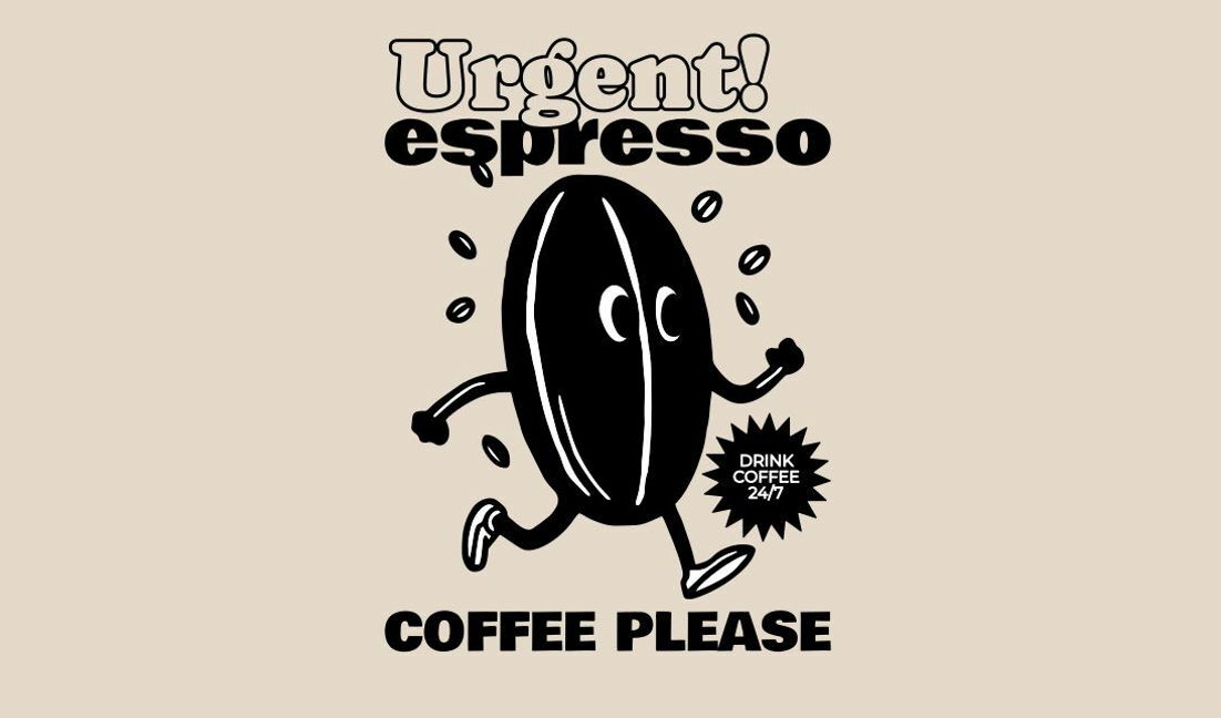 Modelo de design para camiseta Design de personagem lúdico de grãos de café com mensagem urgente de expresso