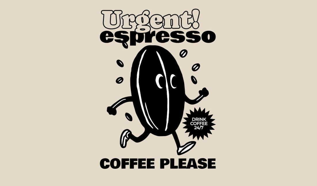 Verspieltes Kaffeebohnen-Charakterdesign mit dringender Espresso-Nachricht T-Shirt-Designvorlage
