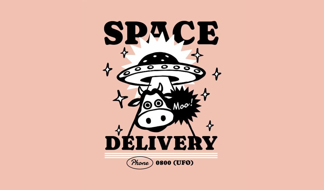 Playful space delivery cow graphic design t-shirt design template
