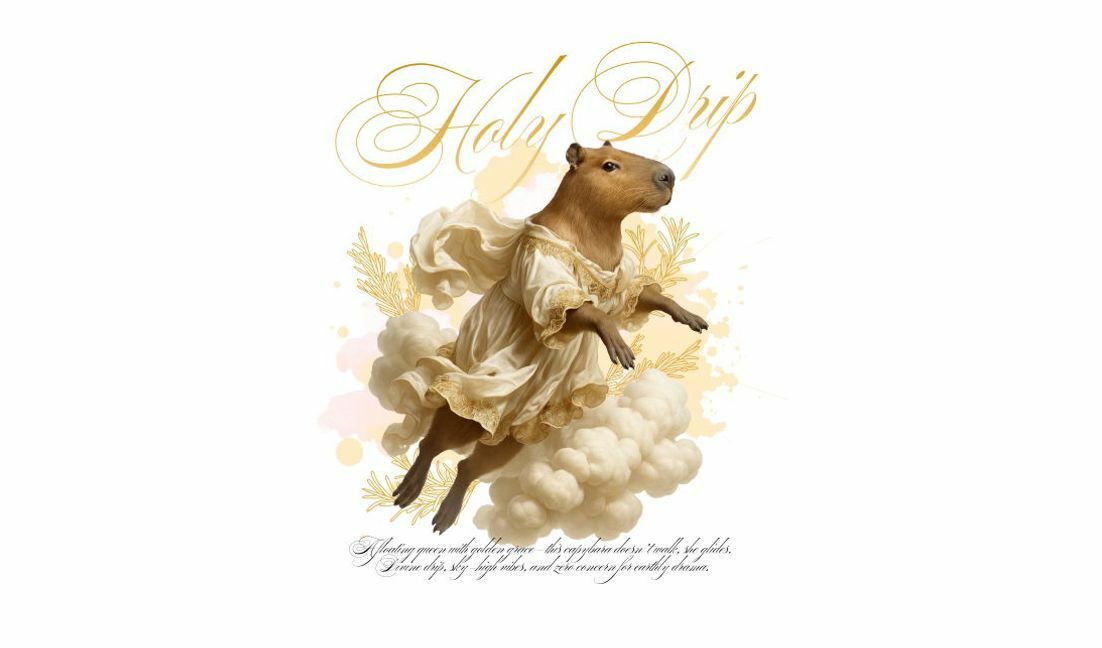 Whimsical capybara illustration with heavenly theme t-shirt design template
