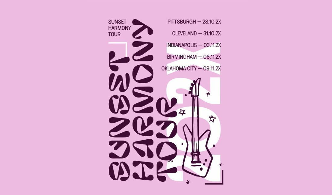 Plantilla de diseño para camiseta Diseño de cartel de gira de conciertos lúdico con elementos de guitarra.