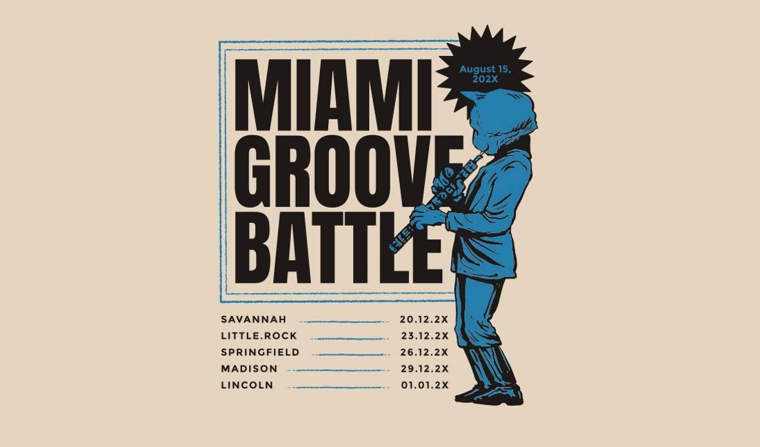 Modelo de design para camiseta Design de pôster emocionante do evento Miami Groove Battle