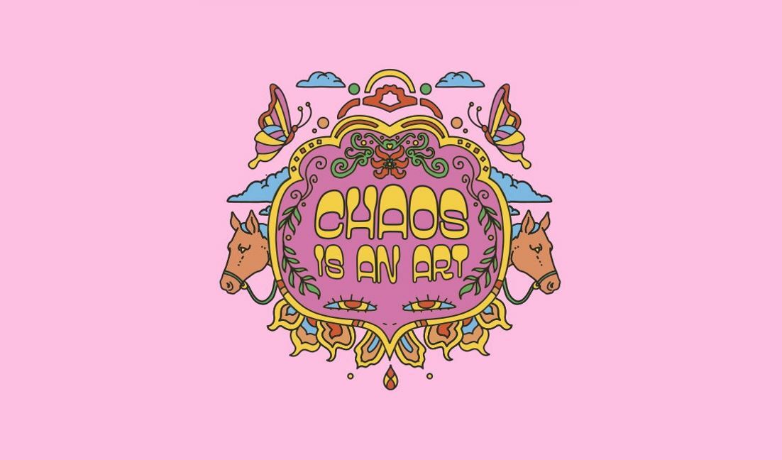 Modelo de design para camiseta Design de arte caótica e caprichosa com cavalos e borboletas