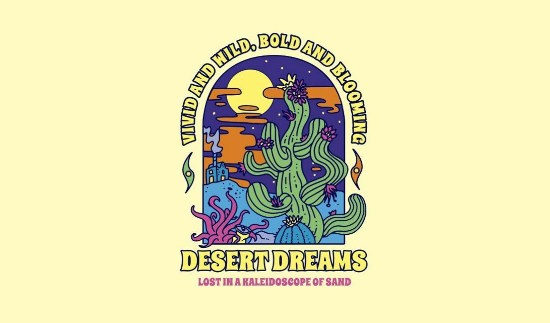 Vibrant desert dreams illustration with cacti and whimsical elements t-shirt design template