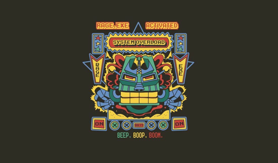 Modelo de design para camiseta Design gamer vibrante com elementos de robôs e texto