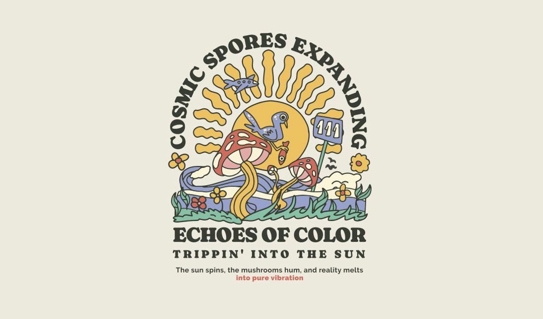 Plantilla de diseño para camiseta Lámina artística de hongos psicodélicos con temática cósmica