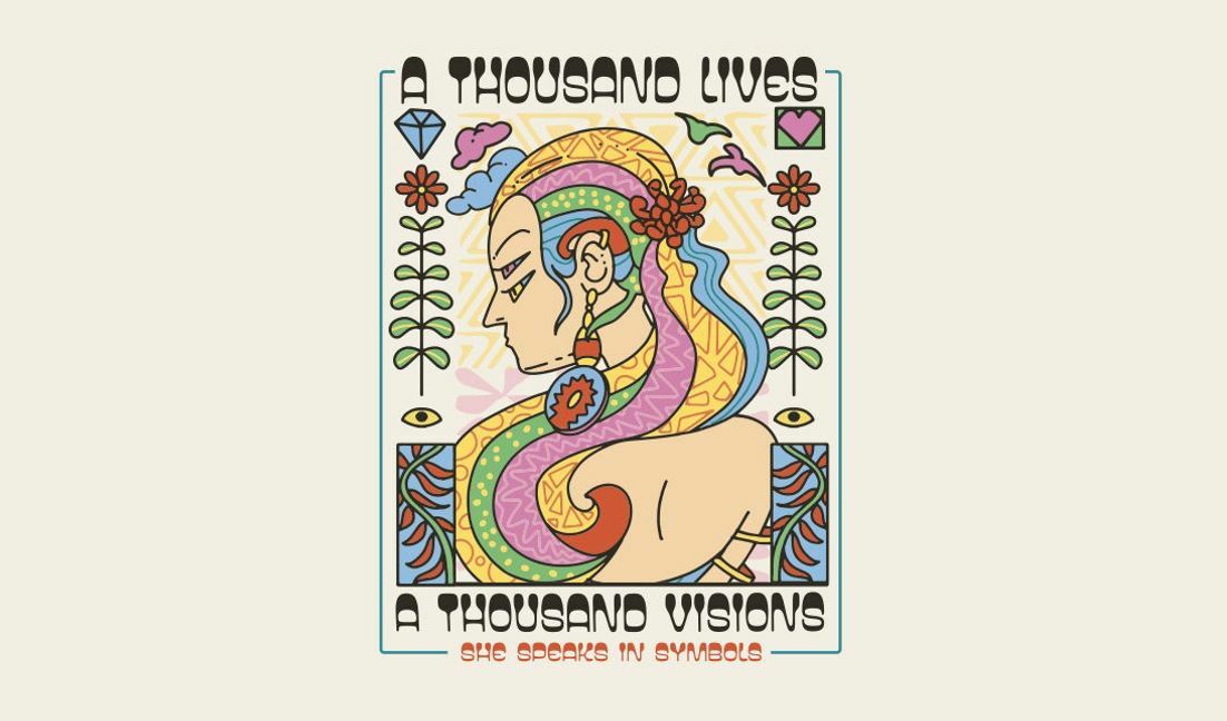 Plantilla de diseño para camiseta Ilustración de mujer caprichosa con elementos simbólicos