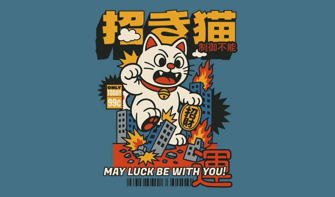 Playful lucky cat explosion graphic design t-shirt design template