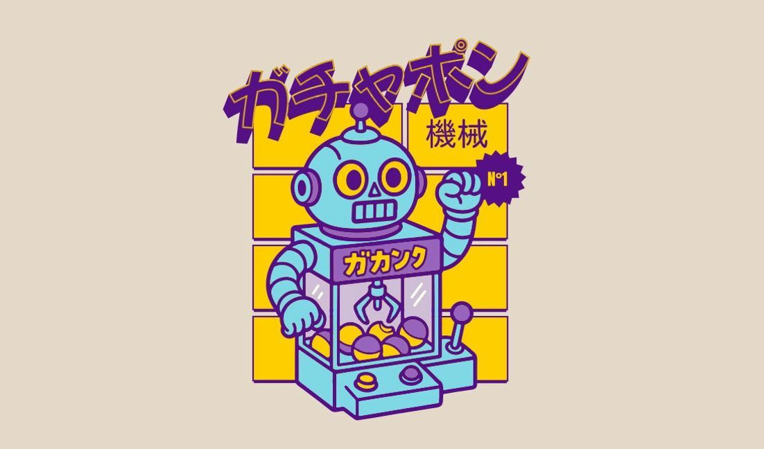 Plantilla de diseño para camiseta Diseño de robot con máquina de garra retro