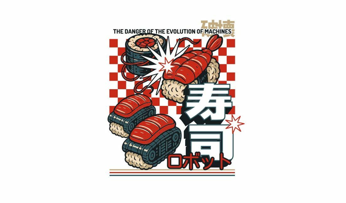 Unique sushi robot design with playful elements t-shirt design template