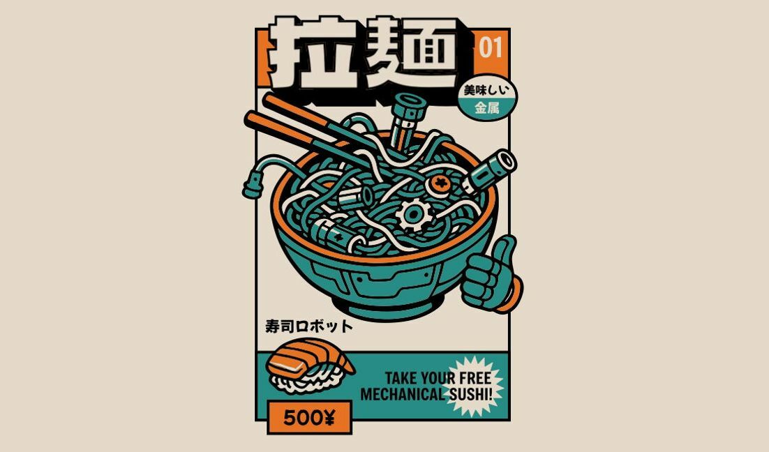 Verspieltes mechanisches Sushi-Schalen-Design T-Shirt-Designvorlage