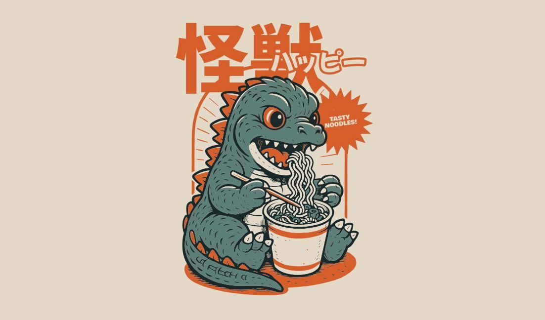 Verspieltes Design mit Dinosaurier, der Nudeln isst T-Shirt-Designvorlage