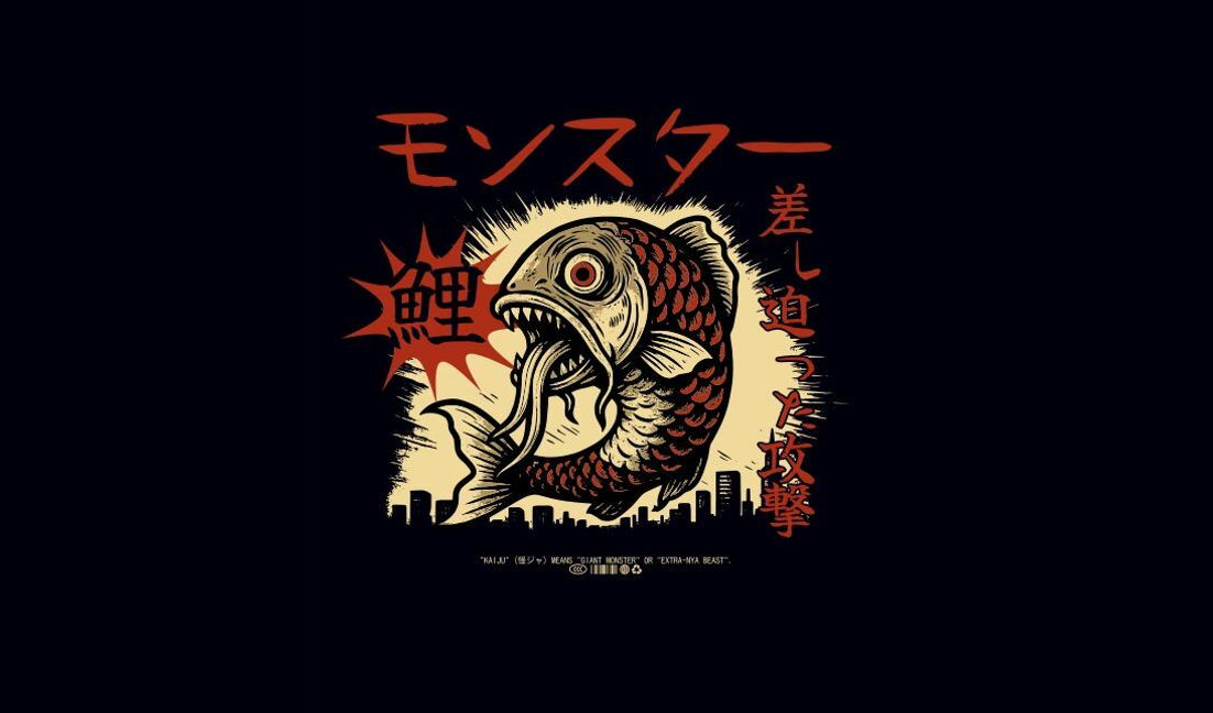 Modelo de design para camiseta Design de ilustração de peixe kaiju vintage