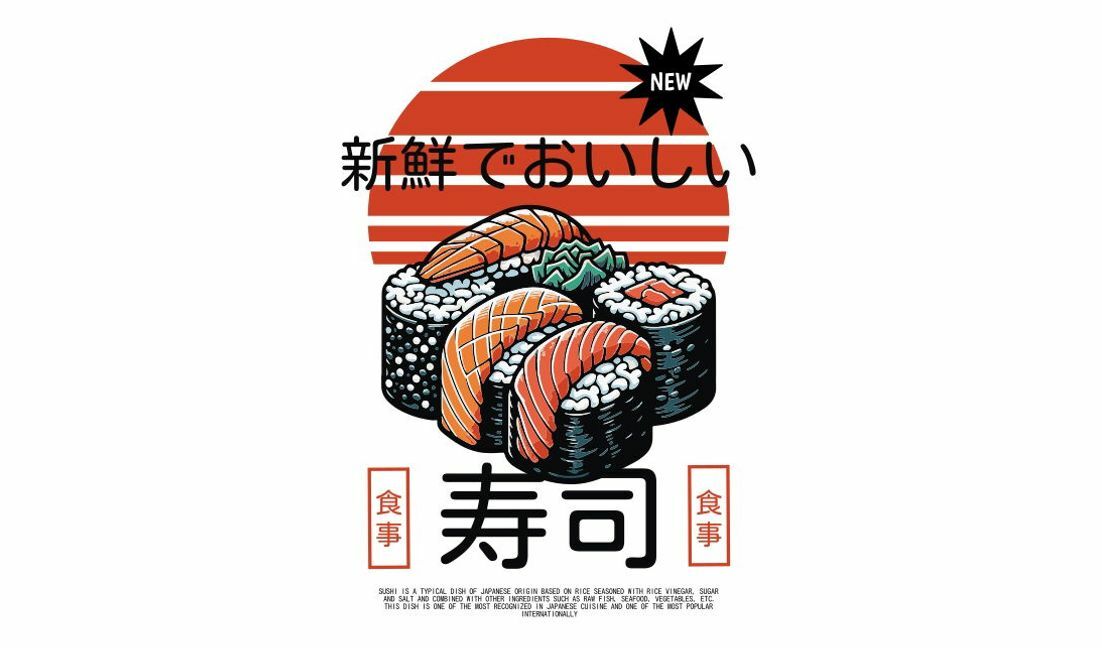 Modelo de design para camiseta Ilustração de sushi com caracteres japoneses