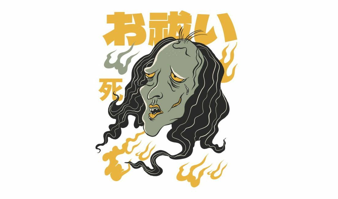 Eerie ghost illustration with japanese text t-shirt design template