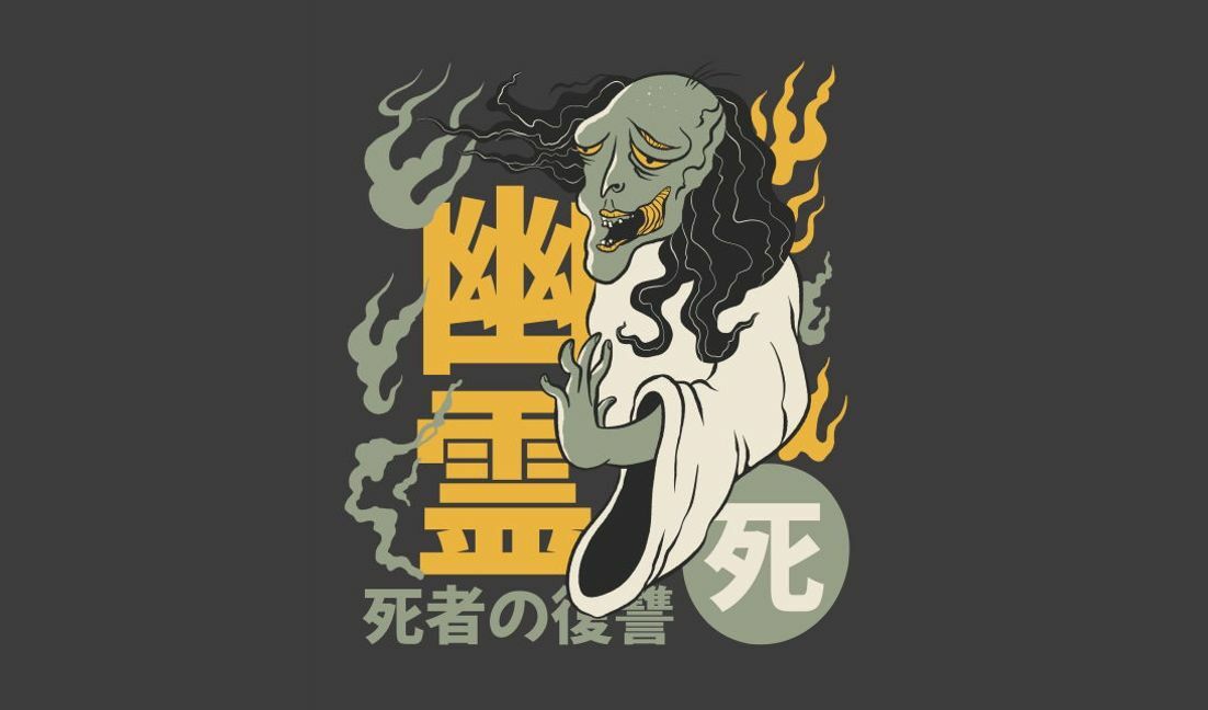 Gruselige Geisterillustration mit japanischem Text T-Shirt-Designvorlage